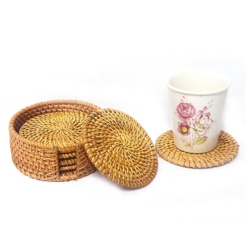 6Pcs/Set Drink Coasters Set Round Tableware Placemat Dish Mat Rattan Weave Pad - Lily Depot