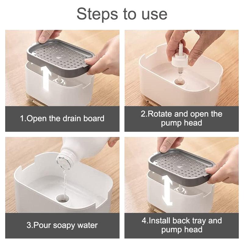 2 In 1 Soap Dish Pump Liquid Dispenser Foam Dispenser Soap Container with Sponge Holder for Kitchen Bathroom Washing Accessories - Lily Depot