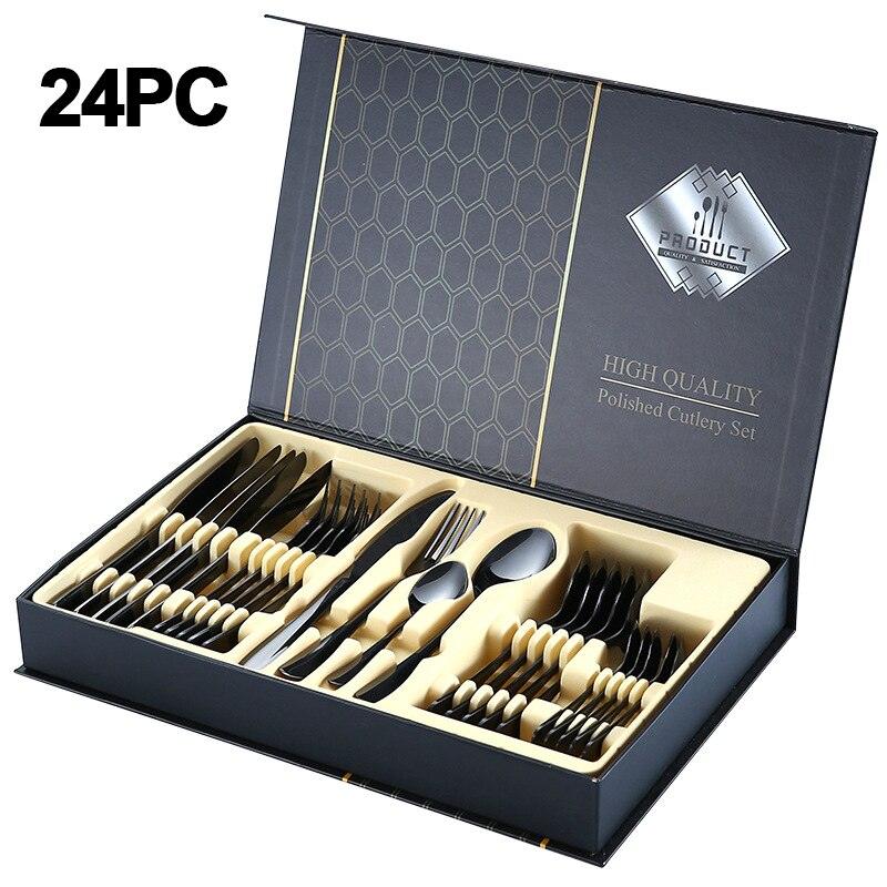 24pc dinnerware set 304 stainless steel gold silverware set With gift box kitchen steak knife tableware set spoon and fork set - Lily Depot