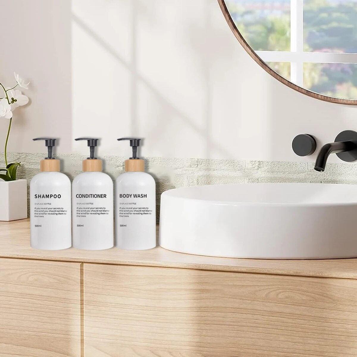 3 Pack Bathroom 500ml Soap Dispenser Shampoo Conditioner Body Wash Bottles Refillable Printed Font Lotion Dispenser Bottles - Lily Depot