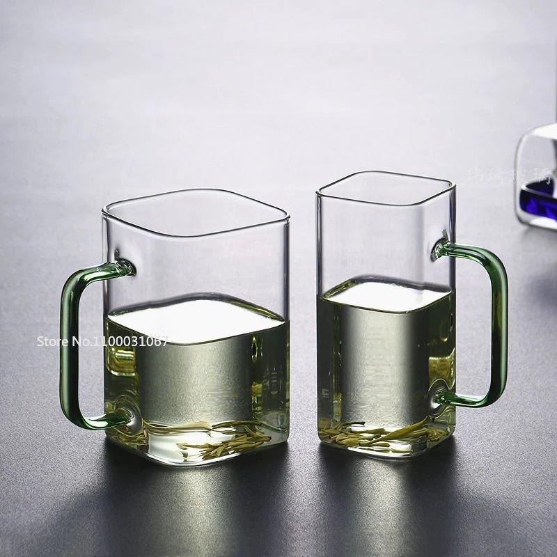 350/600ML Square Mug With Lids and Straws Single Colored Handle Layer Drinking Glass Cups For Iced Coffee Milk Bubble Tea Water - Lily Depot