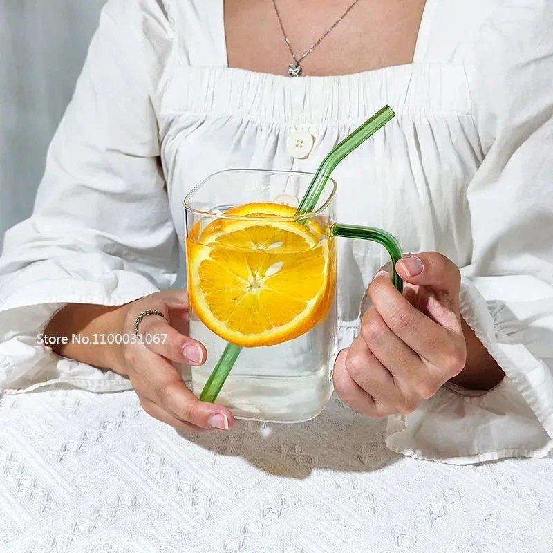 350/600ML Square Mug With Lids and Straws Single Colored Handle Layer Drinking Glass Cups For Iced Coffee Milk Bubble Tea Water - Lily Depot