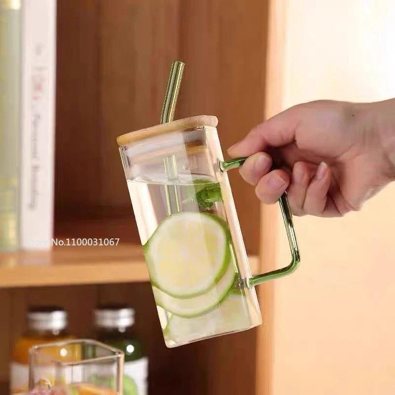 350/600ML Square Mug With Lids and Straws Single Colored Handle Layer Drinking Glass Cups For Iced Coffee Milk Bubble Tea Water - Lily Depot