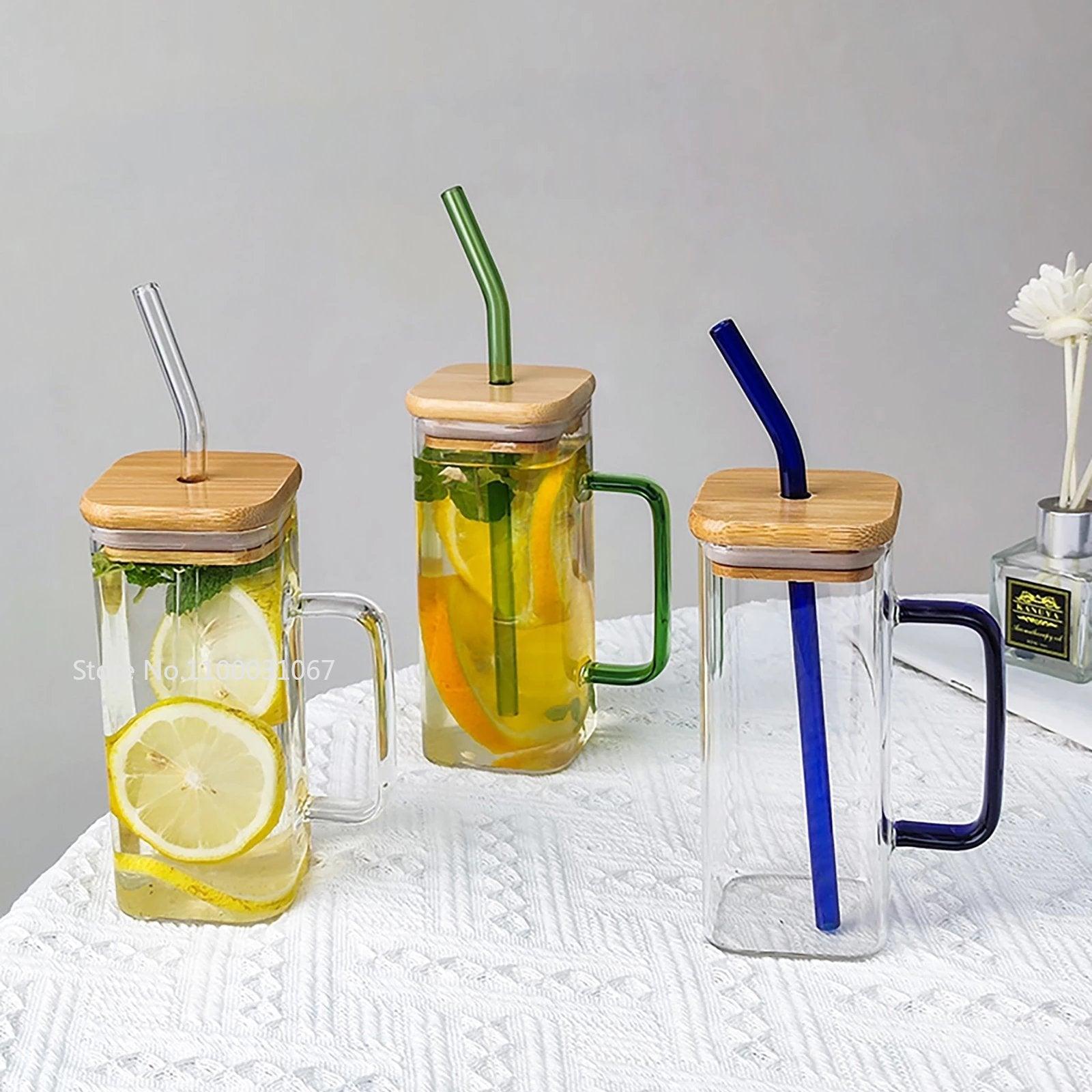 350/600ML Square Mug With Lids and Straws Single Colored Handle Layer Drinking Glass Cups For Iced Coffee Milk Bubble Tea Water - Lily Depot