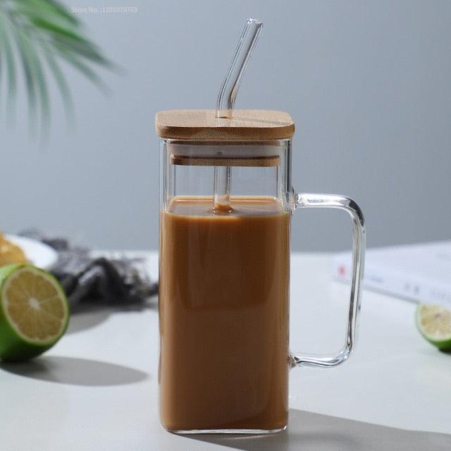 350/600ML Square Mug With Lids and Straws Single Colored Handle Layer Drinking Glass Cups For Iced Coffee Milk Bubble Tea Water - Lily Depot