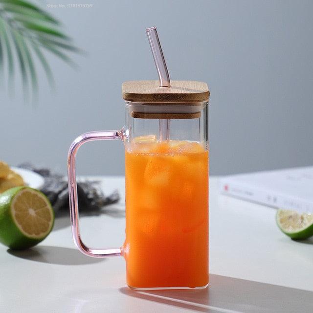 350/600ML Square Mug With Lids and Straws Single Colored Handle Layer Drinking Glass Cups For Iced Coffee Milk Bubble Tea Water - Lily Depot