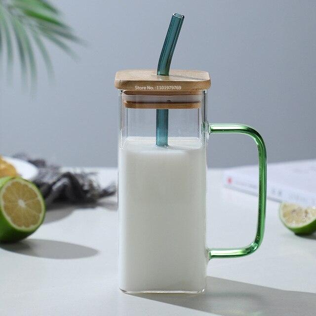350/600ML Square Mug With Lids and Straws Single Colored Handle Layer Drinking Glass Cups For Iced Coffee Milk Bubble Tea Water - Lily Depot