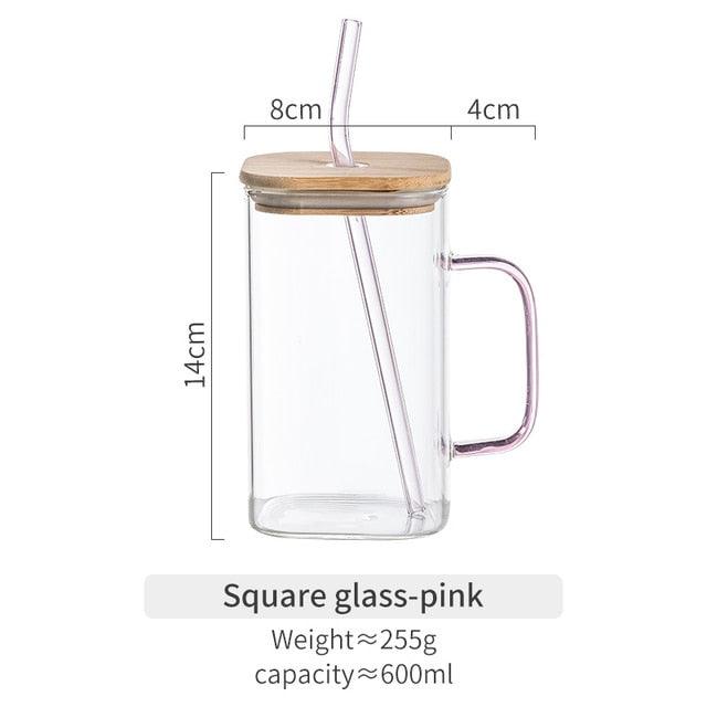 350/600ML Square Mug With Lids and Straws Single Colored Handle Layer Drinking Glass Cups For Iced Coffee Milk Bubble Tea Water - Lily Depot