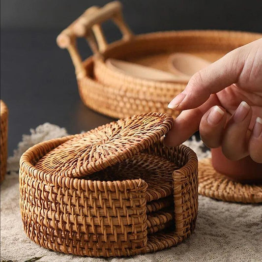 6Pcs/Set Drink Coasters Set Round Tableware Placemat Dish Mat Rattan Weave Pad - Lily Depot