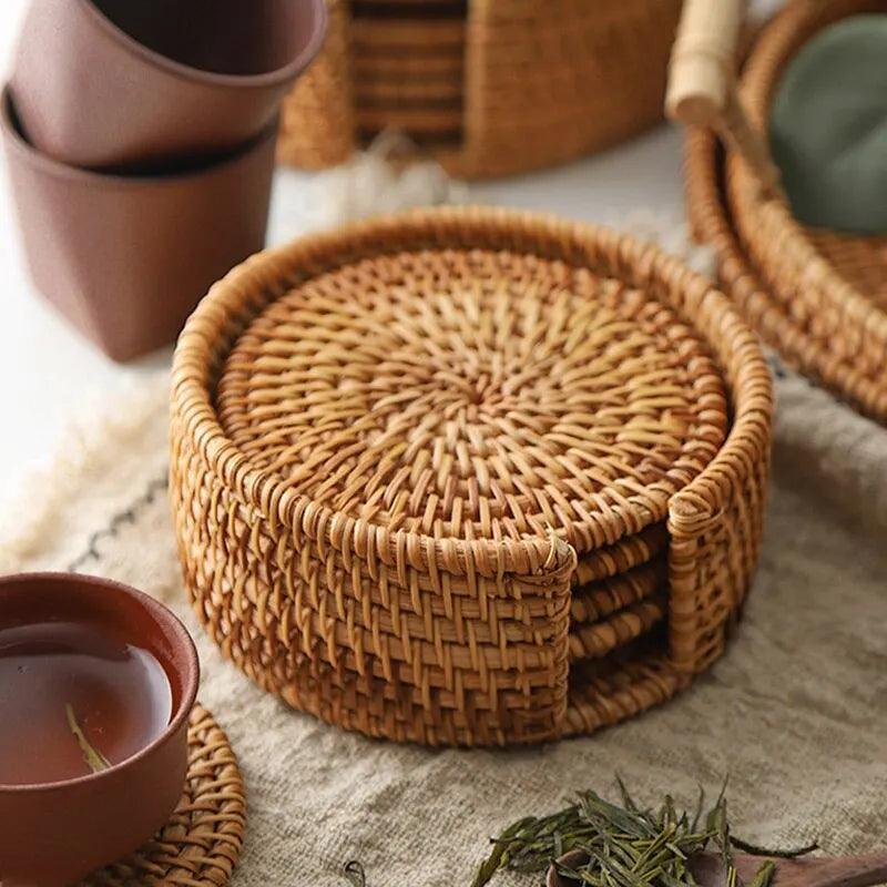 6Pcs/Set Drink Coasters Set Round Tableware Placemat Dish Mat Rattan Weave Pad - Lily Depot