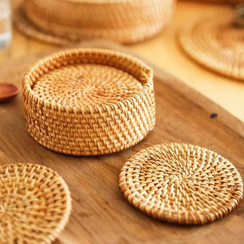6Pcs/Set Drink Coasters Set Round Tableware Placemat Dish Mat Rattan Weave Pad - Lily Depot