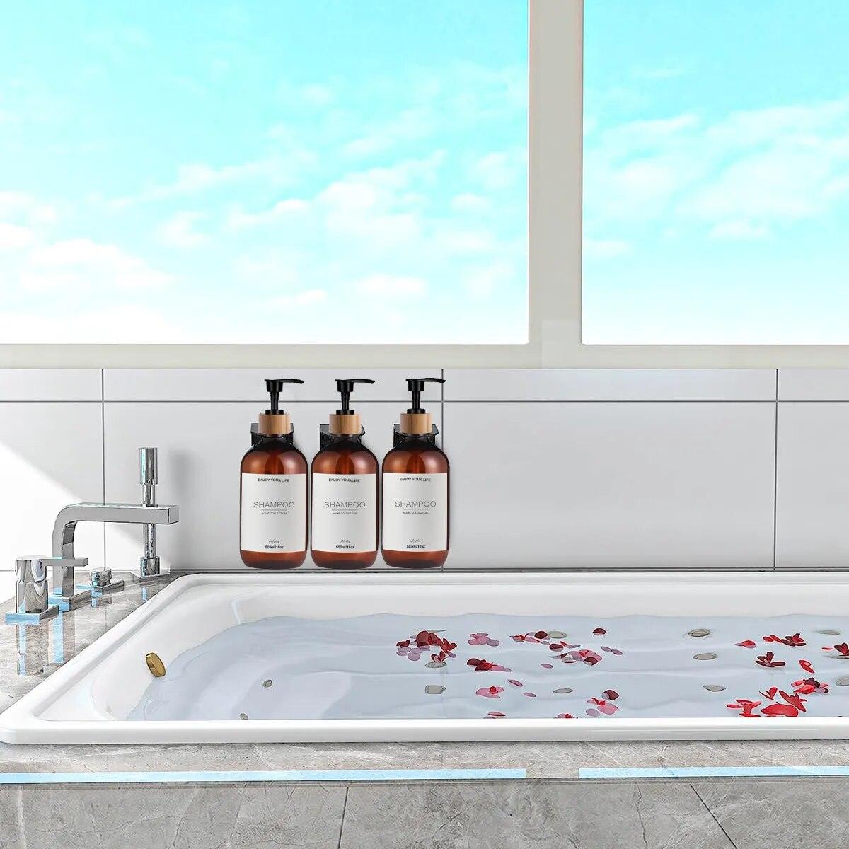 Bathroom 3 Pack Amber Shampoo and Conditioner Bottles Dispenser with Bamboo pump Refillable Shower Soap Dispenser - Lily Depot