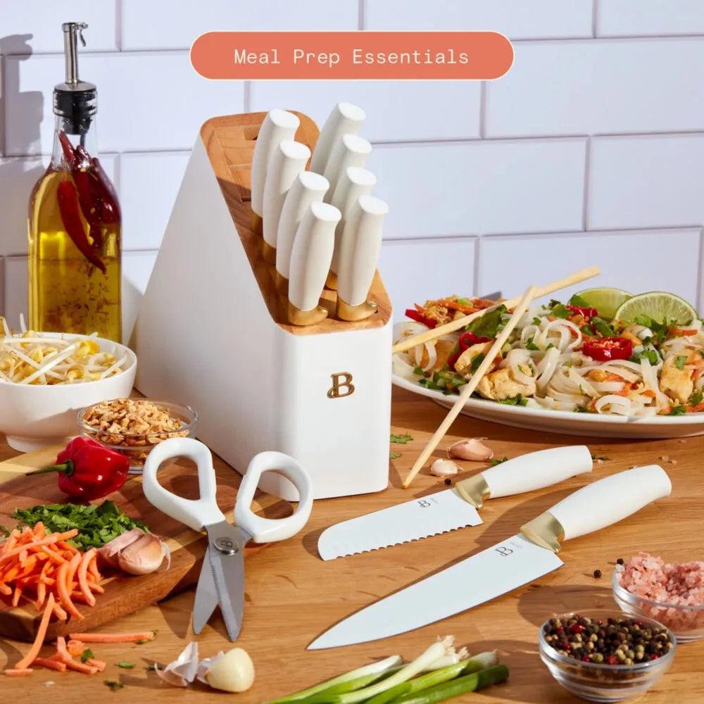 Beautiful 12 Pieces Knife Block Set with Soft-Grip Ergonomic Handles White and Gold by Drew Barrymore - Lily Depot