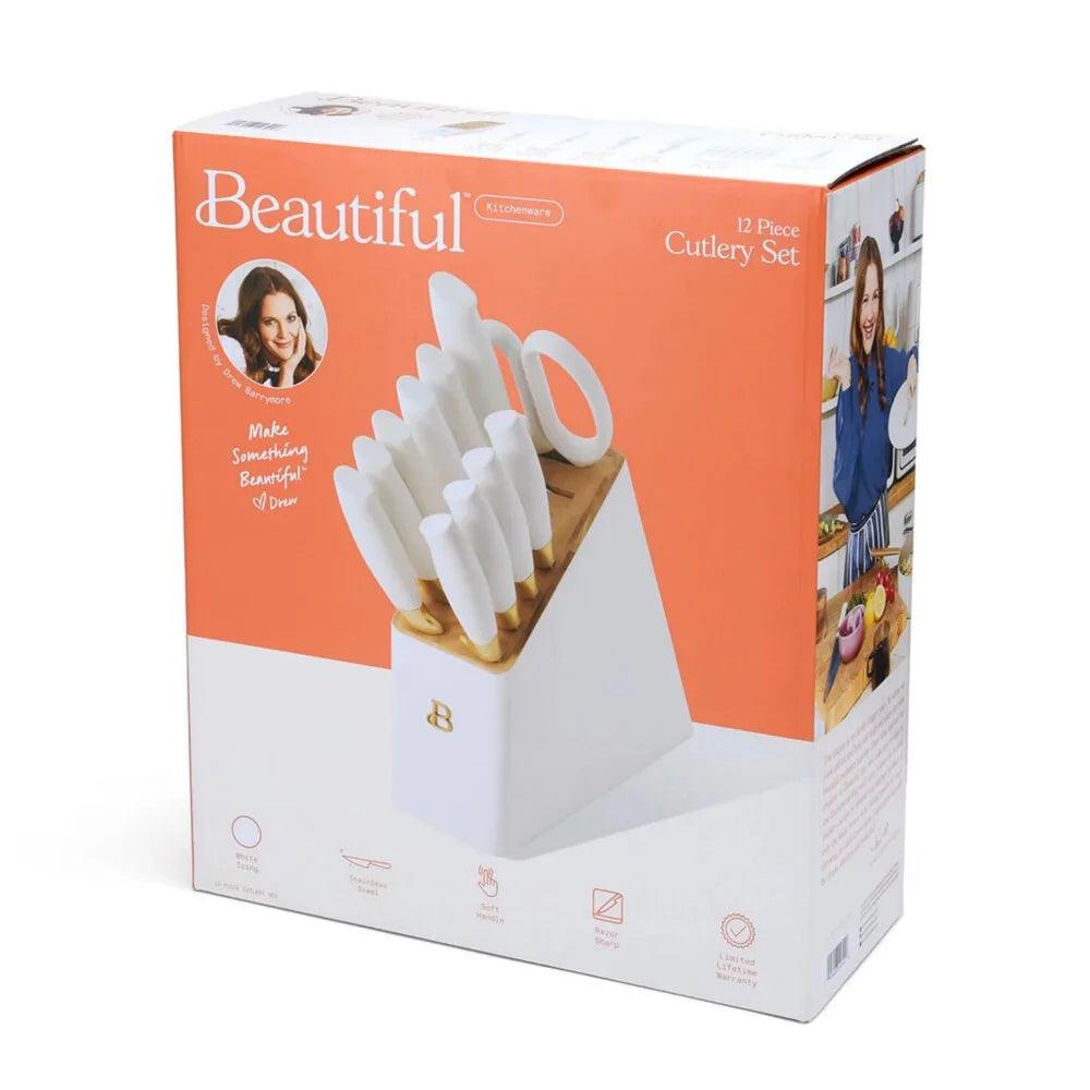 Beautiful 12 Pieces Knife Block Set with Soft-Grip Ergonomic Handles White and Gold by Drew Barrymore - Lily Depot