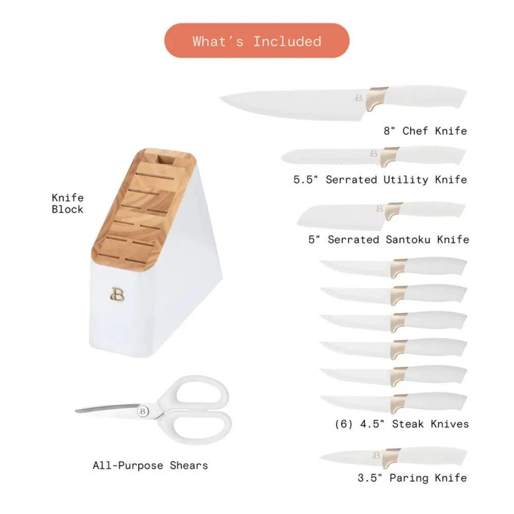 Beautiful 12 Pieces Knife Block Set with Soft-Grip Ergonomic Handles White and Gold by Drew Barrymore - Lily Depot