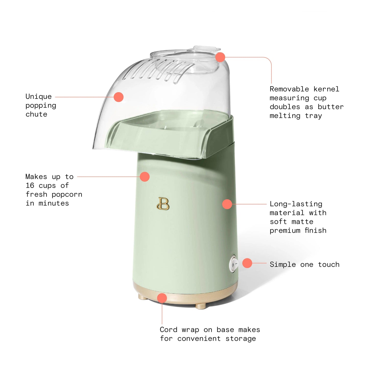 Beautiful 16 Cup Hot Air Electric Popcorn Maker, Sage Green by Drew Barrymore - Lily Depot
