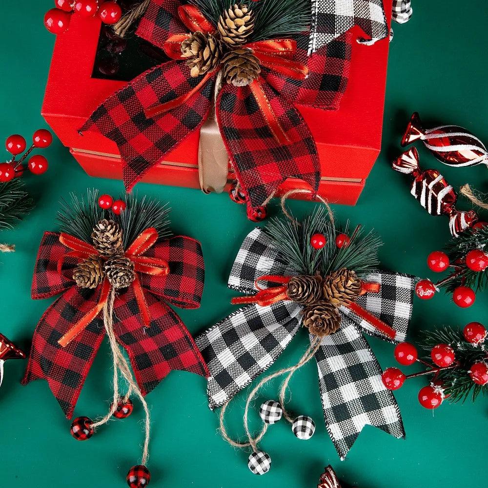 Christmas Ribbon Bow Pine Cones Tree Decoration Large Red Black Plaid Sparkling Glitter Bow Christmas Tree Decoration Gift Bows - Lily Depot