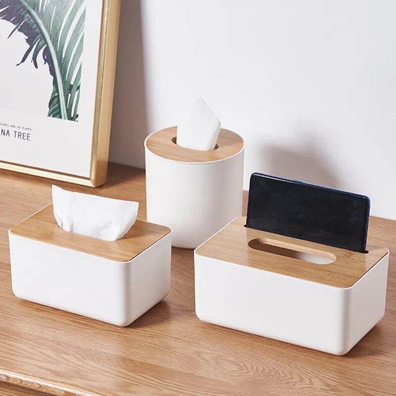 Desktop Tissue Paper Box Remote Control Storage Rack Wooden Cover Napkin Case Square Plastic Tissues Holder Kitchen Living Room - Lily Depot