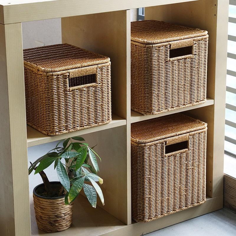 Echome Storage Box Large Bedroom Clothes Storage Box with Lid Imitation Rattan Woven with Lid Storage Basket In-Wardrobe Basket - Lily Depot