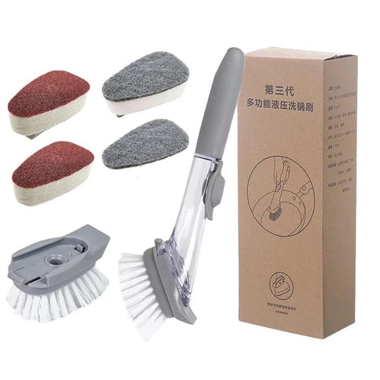 FUTUKNIGHT Dish Brush Handle Soap Dispenser Pots Pans Sink Kitchen Cleaning Scrubber 5 Replaceable Brush Heads Grey FUT070 - Lily Depot