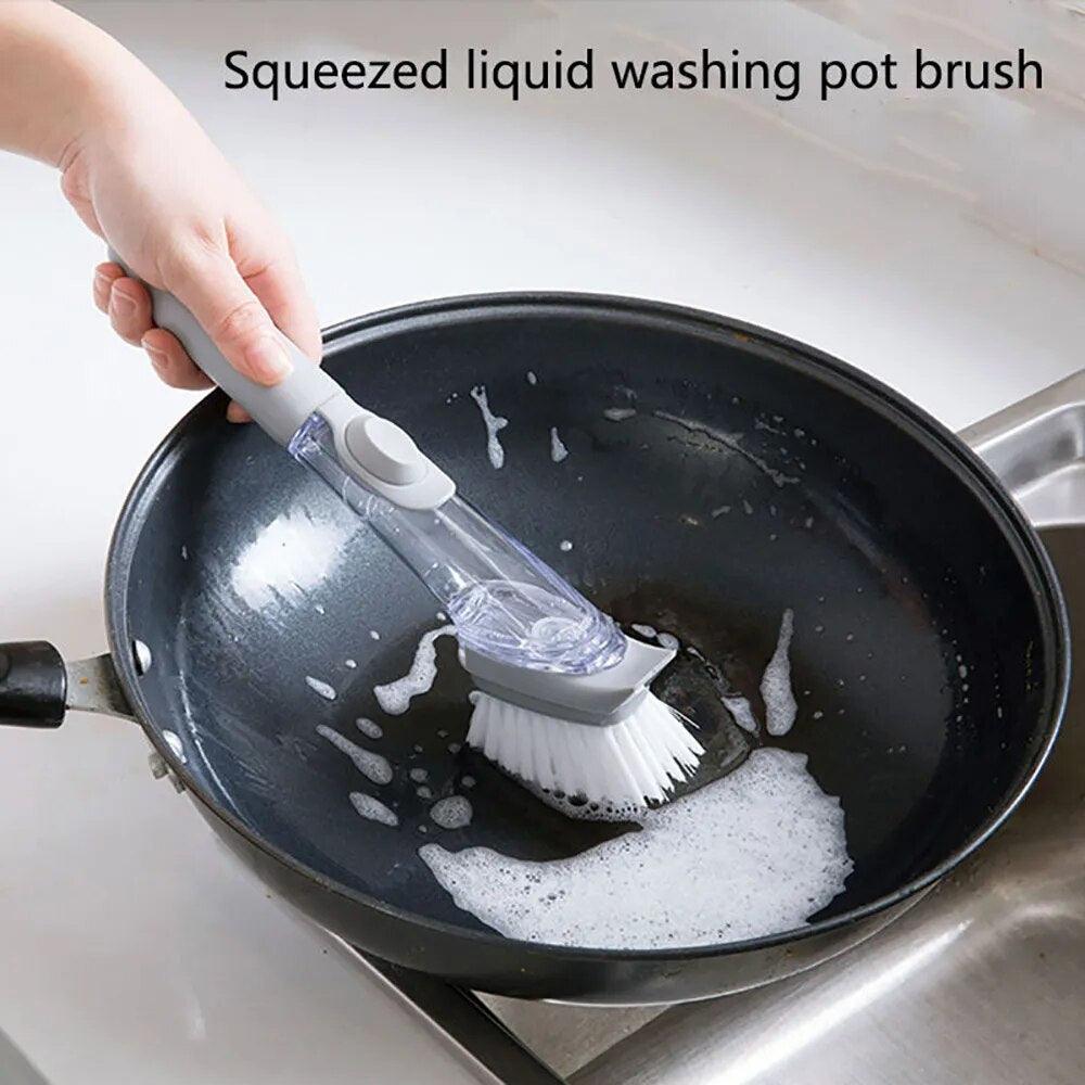 FUTUKNIGHT Dish Brush Handle Soap Dispenser Pots Pans Sink Kitchen Cleaning Scrubber 5 Replaceable Brush Heads Grey FUT070 - Lily Depot
