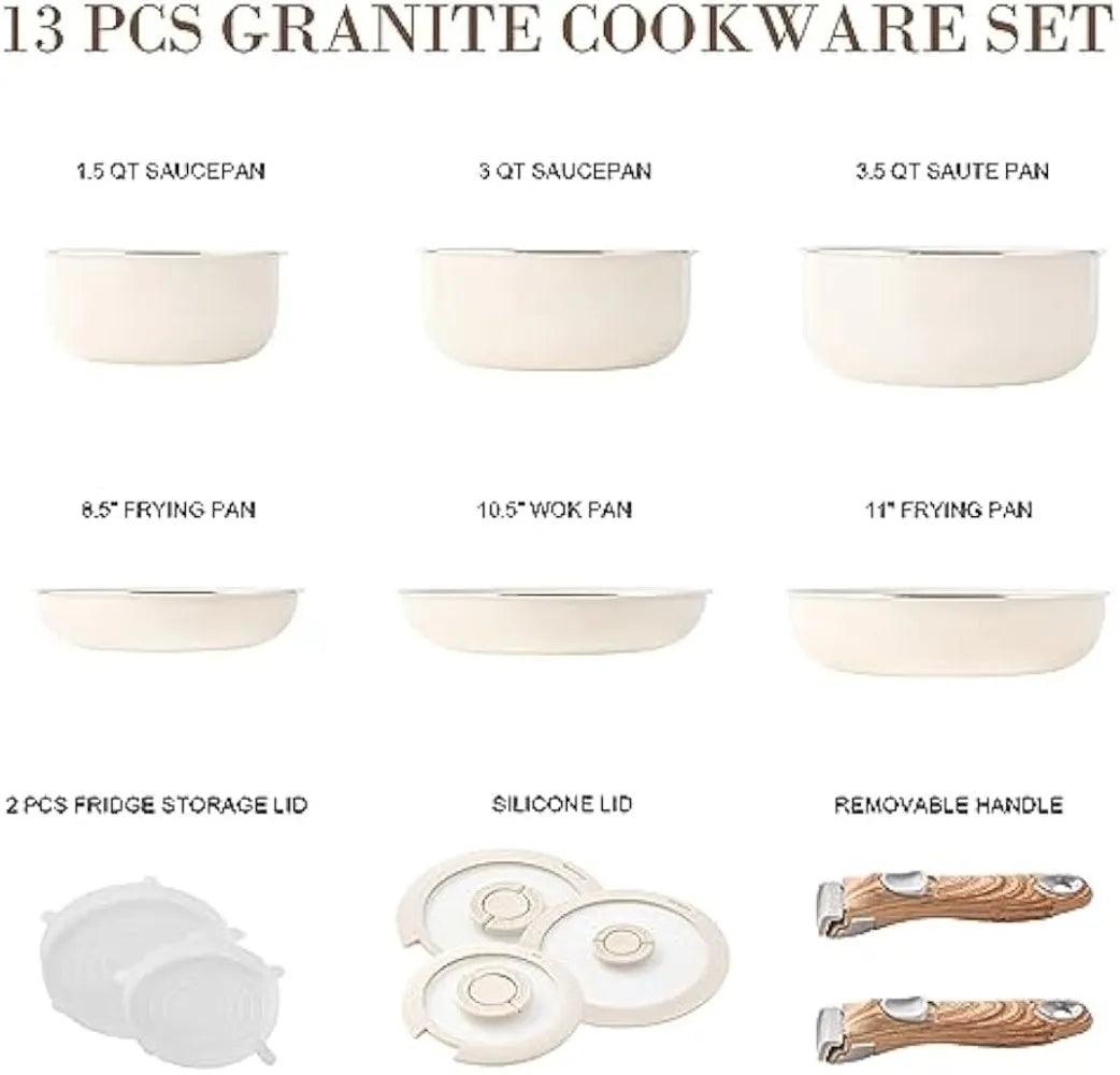 Granite Kitchen Cookware Sets,Cookware Set-13 PCS Stackable Pots and Pans Set Detachable Handle Camping Cookware, - Lily Depot