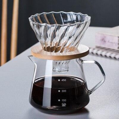 Hand-Made Coffee Pot Set 60° Glass Wooden 600ML/300ML Coffee Dripper and Pot Set for Coffee Filter Reusable Coffee Filters - Lily Depot