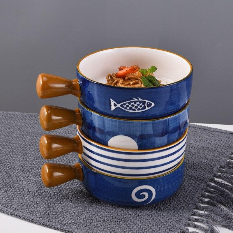 Japanese Ceramic Ramen Bowl With Handle Fruit Salad Dessert Snack Bowls Korean Kitchen Tableware Mixing Cereal Rice Bowl Sets - Lily Depot