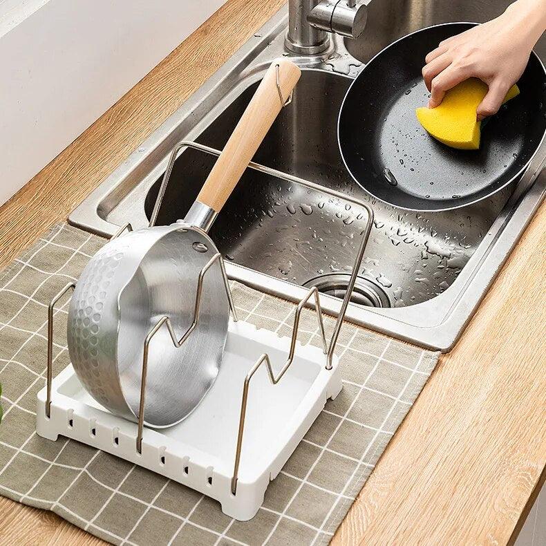 Kitchen Cabinet Organizers for Pots and Pans Expandable Stainless Steel Storage Rack Cutting Board Drying Cookware Shelf - Lily Depot