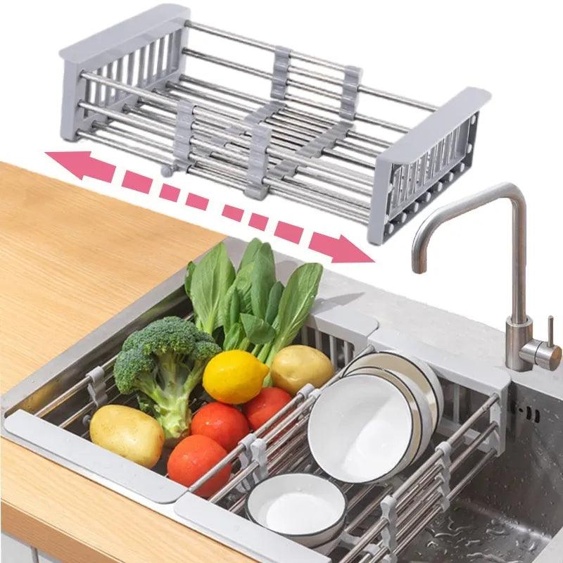 Kitchen Sink Rack Adjustable Stainless Steel Dish Drain Rack Sink Plate Bowl Holder Tableware Organizer Fruit Vegetable Drainer - Lily Depot