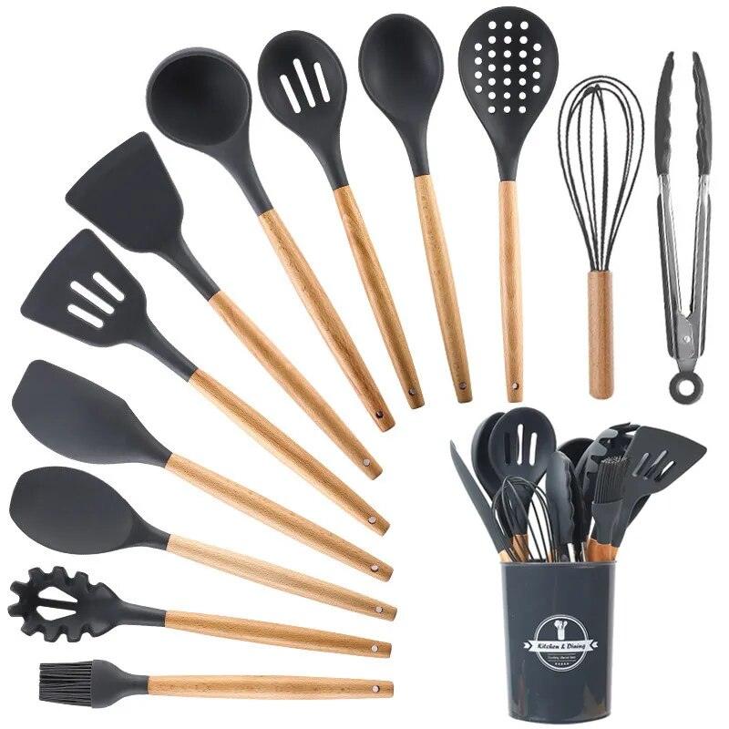 Kitchen Utensils Set Silicone Cookware Eco-friendly Wood Handle Kitchen Cooking Tool Grey Spatula Turner Ladle Kitchenware - Lily Depot
