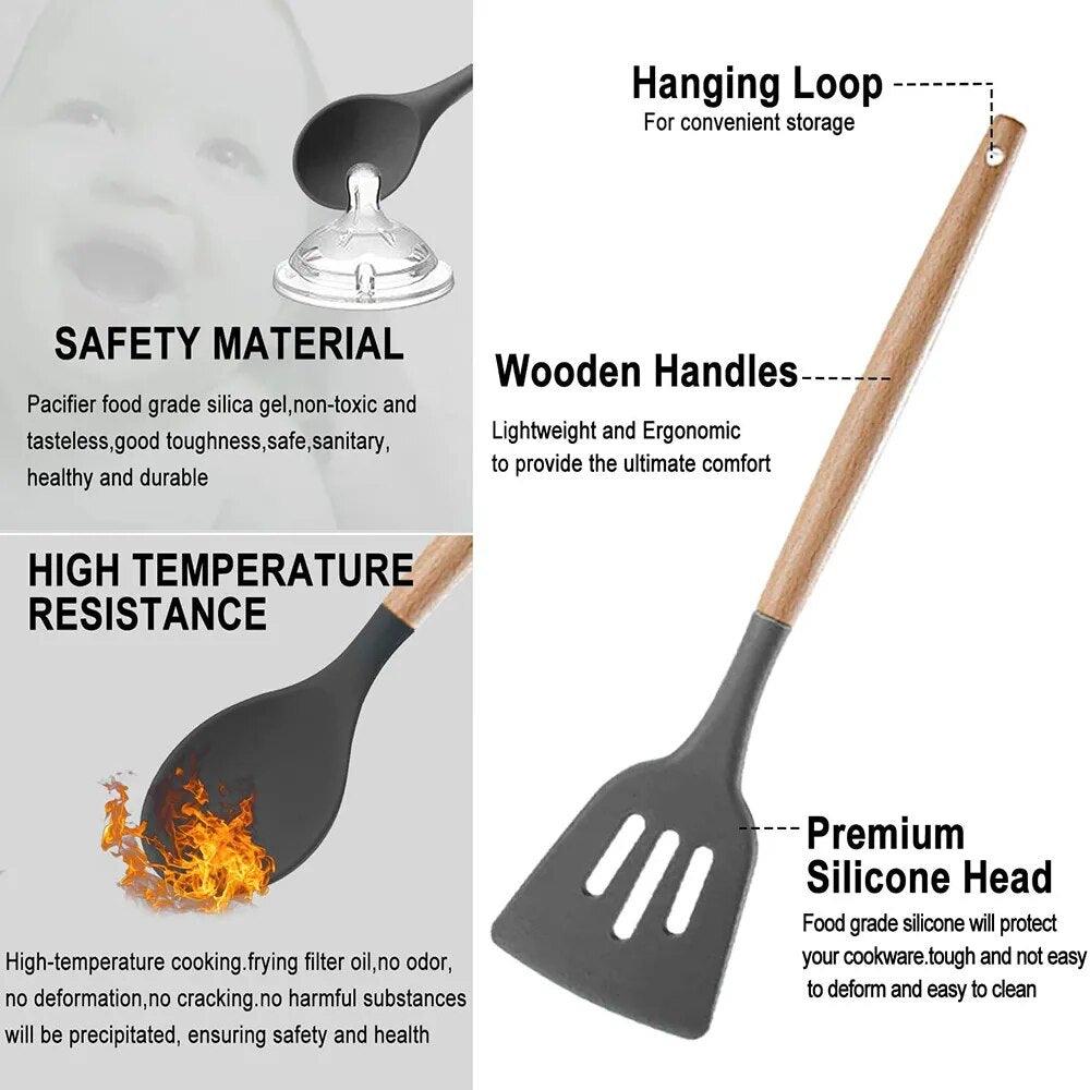 Kitchen Utensils Set Silicone Cookware Eco-friendly Wood Handle Kitchen Cooking Tool Grey Spatula Turner Ladle Kitchenware - Lily Depot