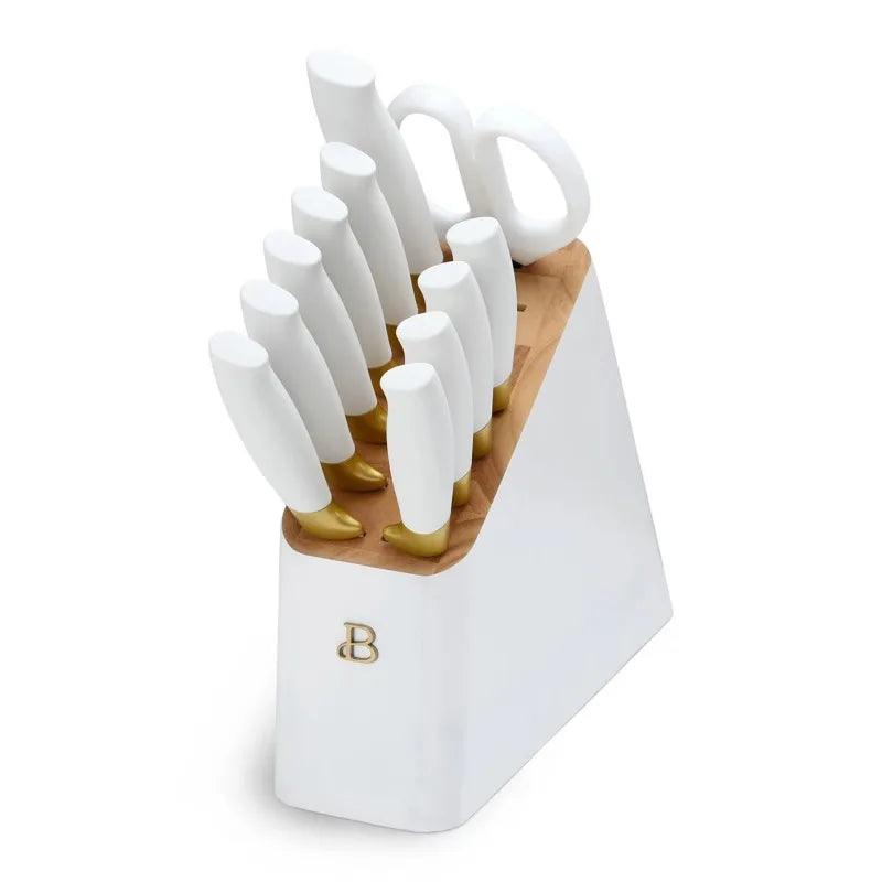 knives Beautiful 12 Piece Knife Block Set with Soft-Grip Ergonomic Handles White and Gold - Lily Depot