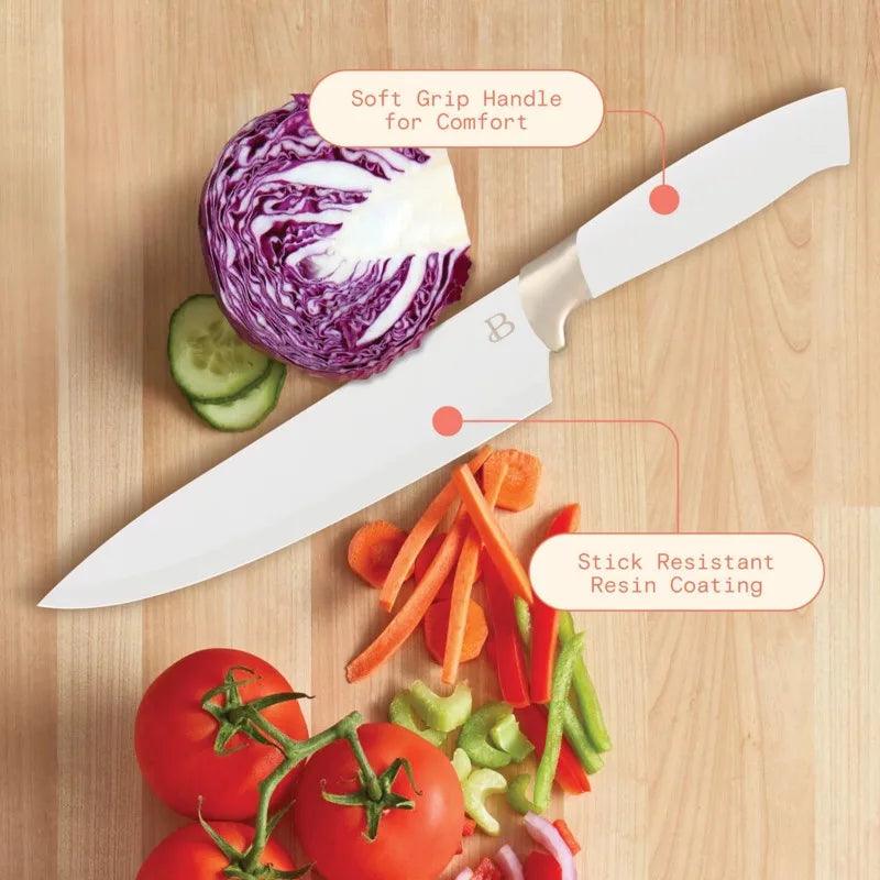 knives Beautiful 12 Piece Knife Block Set with Soft-Grip Ergonomic Handles White and Gold - Lily Depot