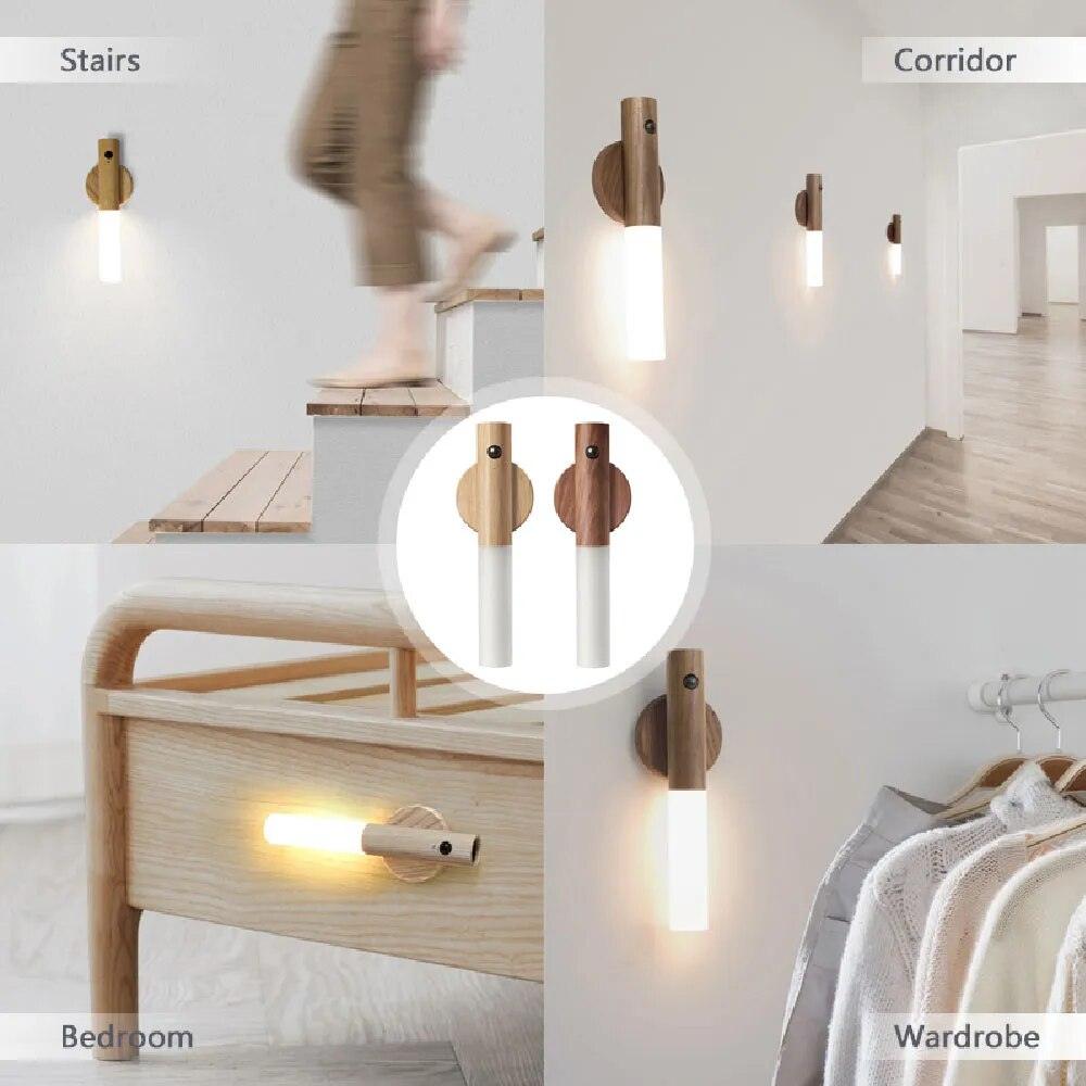 LED USB Night Light Wood Wireless Magnetic Stair Light Corridor Light Wall Lamp Light Home Bedroom Table Lamp Bedside Lighting - Lily Depot