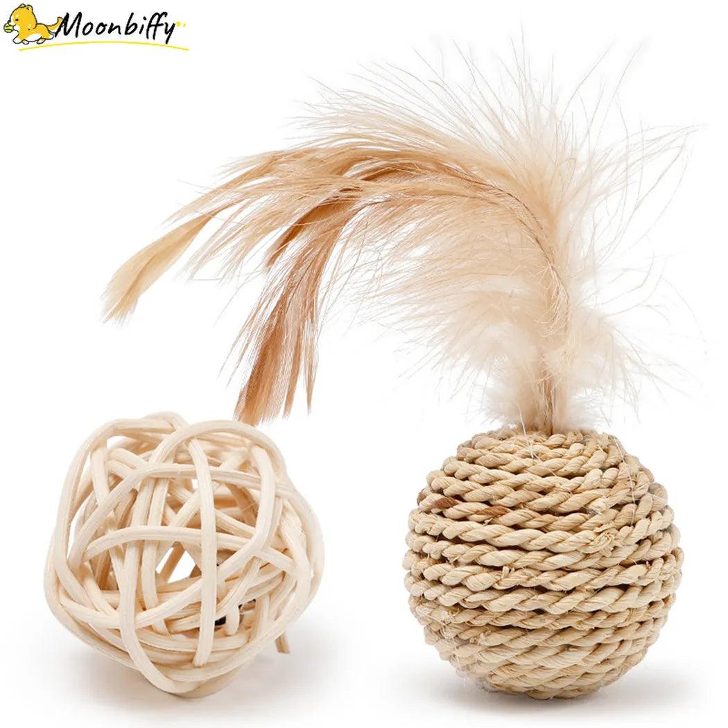 2pcs Cat Toy Pet Rattan Ball Cat Toy Funny Faux Feather Cat Bell Ball Kitten Playing Interactive Ball Toys Pet Supplies - Lily Depot