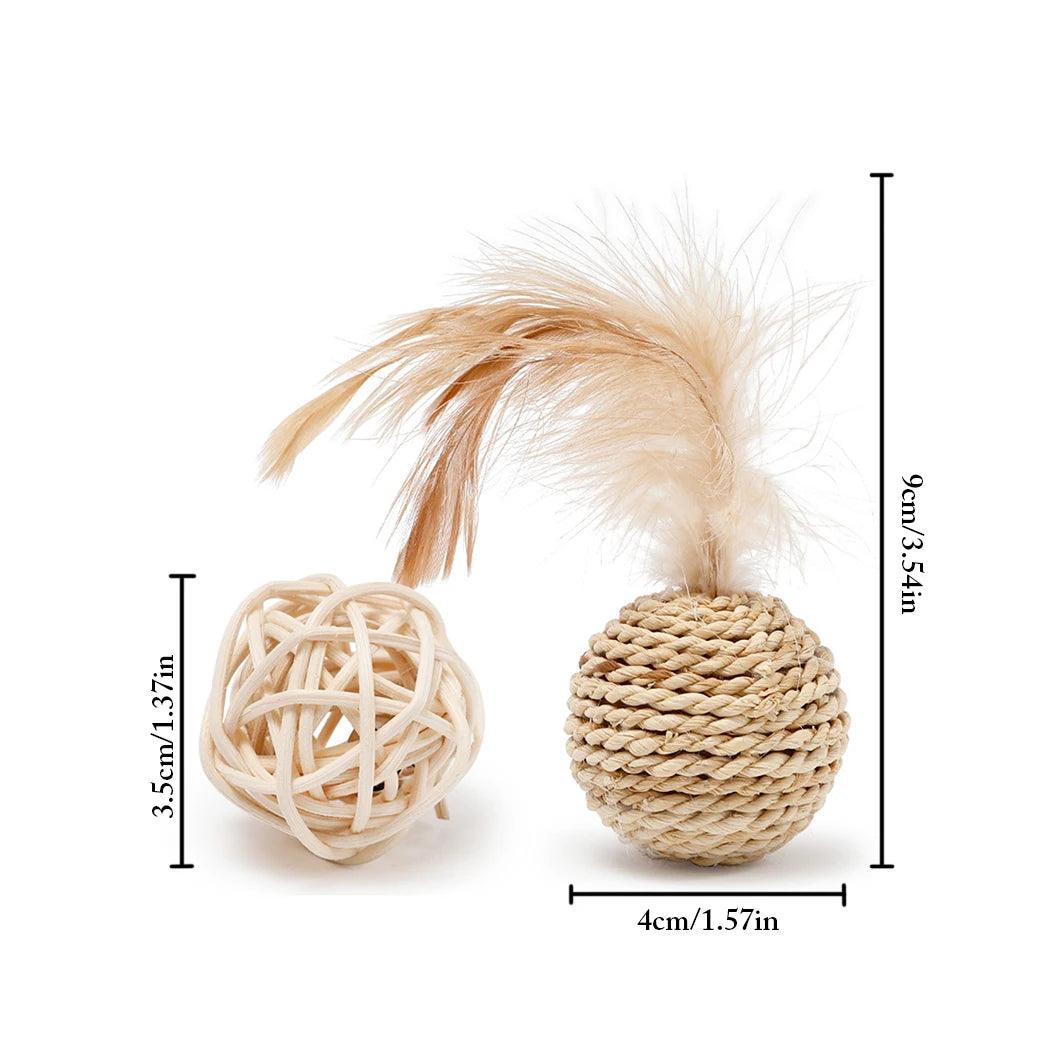 2pcs Cat Toy Pet Rattan Ball Cat Toy Funny Faux Feather Cat Bell Ball Kitten Playing Interactive Ball Toys Pet Supplies - Lily Depot