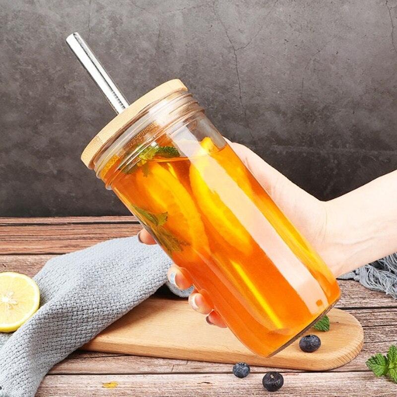 Mason Jars for Drinking Cup Bubble Tea Glass Cup with Bamboo Lid Reusable Glass Boba Smoothie Cup with Stainless Steel Straw Cup - Lily Depot