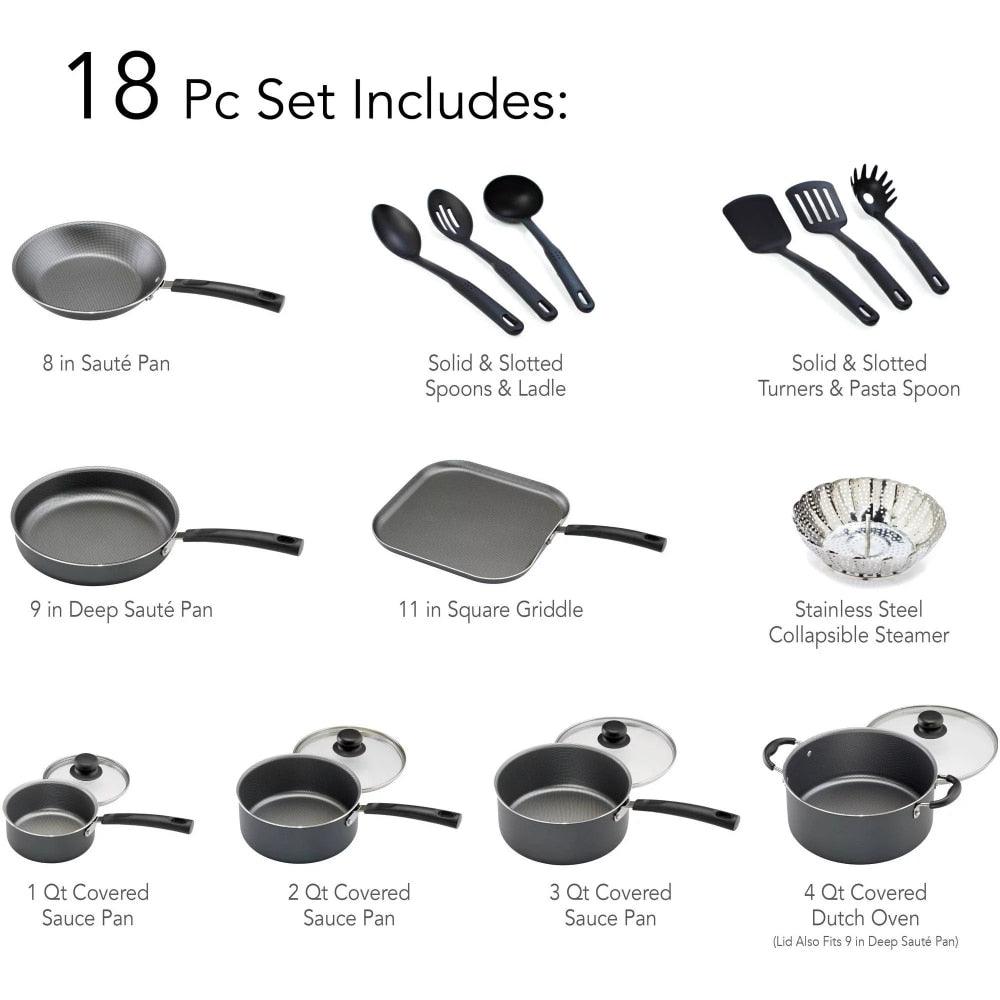 Primaware 18 Piece Non-stick Cookware Set, Steel Gray Cookware Sets Pots and Pans Kitchen - Lily Depot