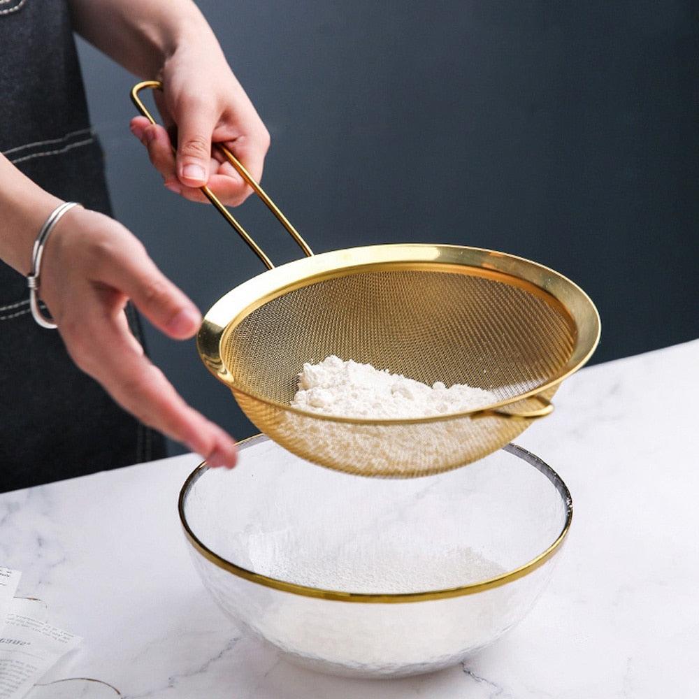 Stainless Steel Fine Mesh Oil Strainer Golden Flour Sifter Sieve Colanders Flour Coffee Mesh Filter Baking Tools Kitchen Bakware - Lily Depot
