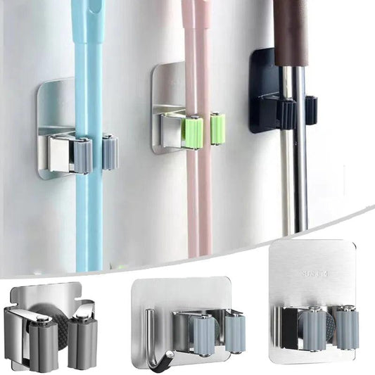 Stainless Steel Mop Hook Wall Mounted Mop Organizer Storage Rack Brush Broom Hanger Kitchen Bathroom Hanging Mops Holder Clips - Lily Depot