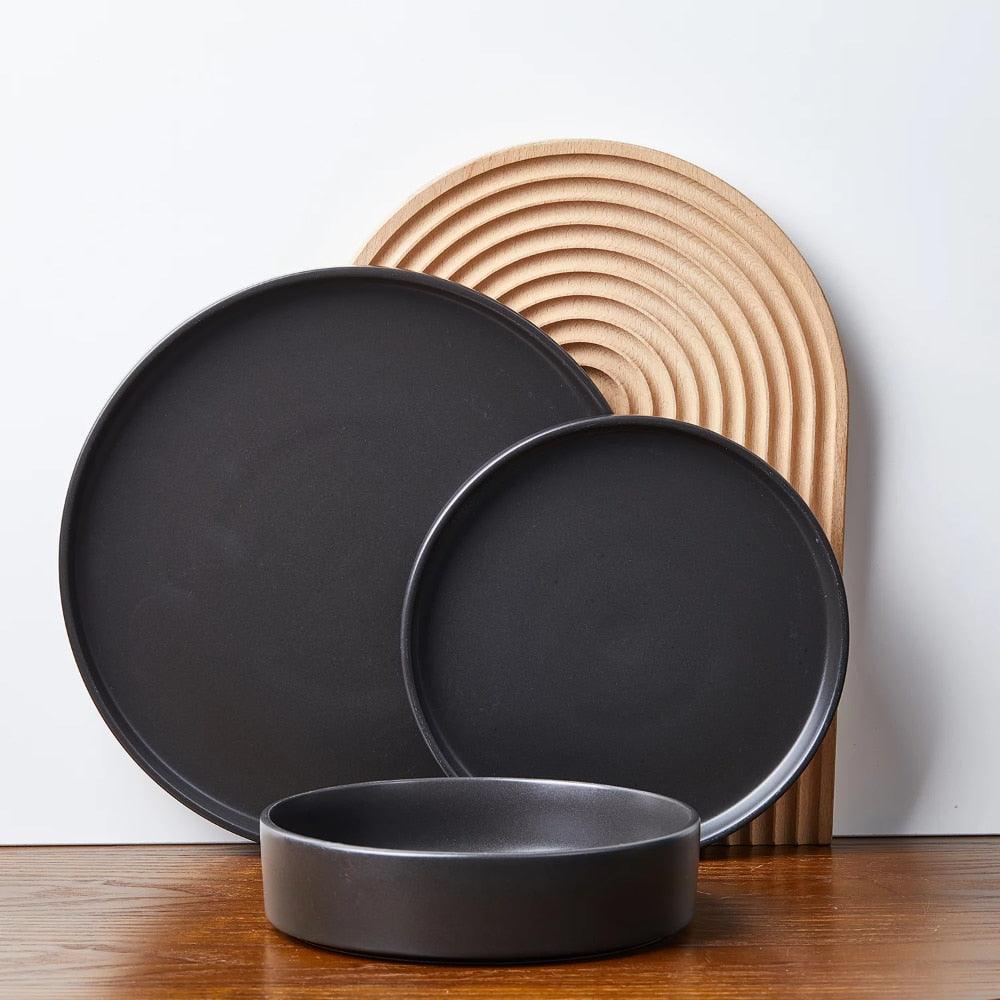 Stone Lain Cecile Stoneware 12-Piece Round Dinnerware Set, Black serving dishes sets - Lily Depot