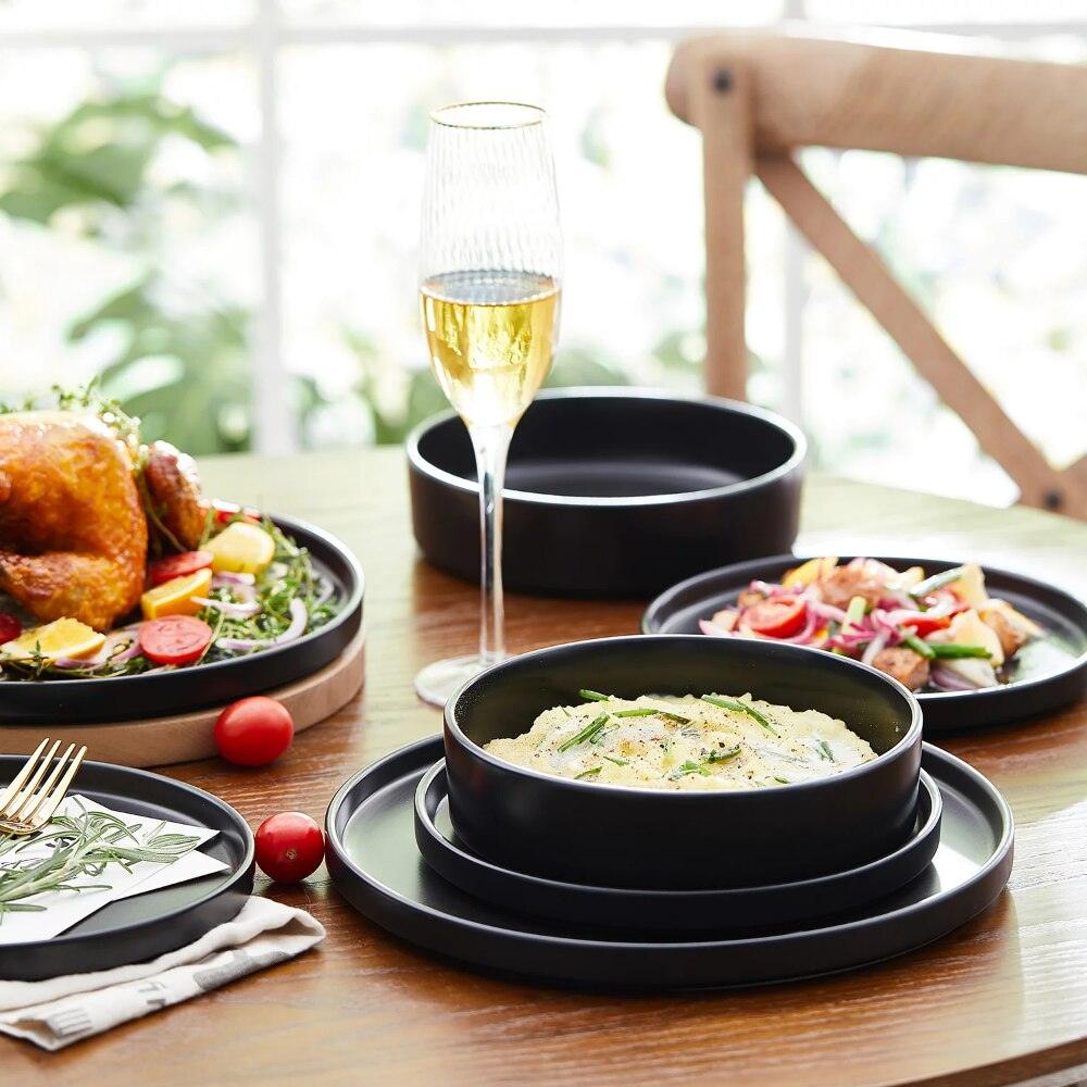 Stone Lain Cecile Stoneware 12-Piece Round Dinnerware Set, Black serving dishes sets - Lily Depot