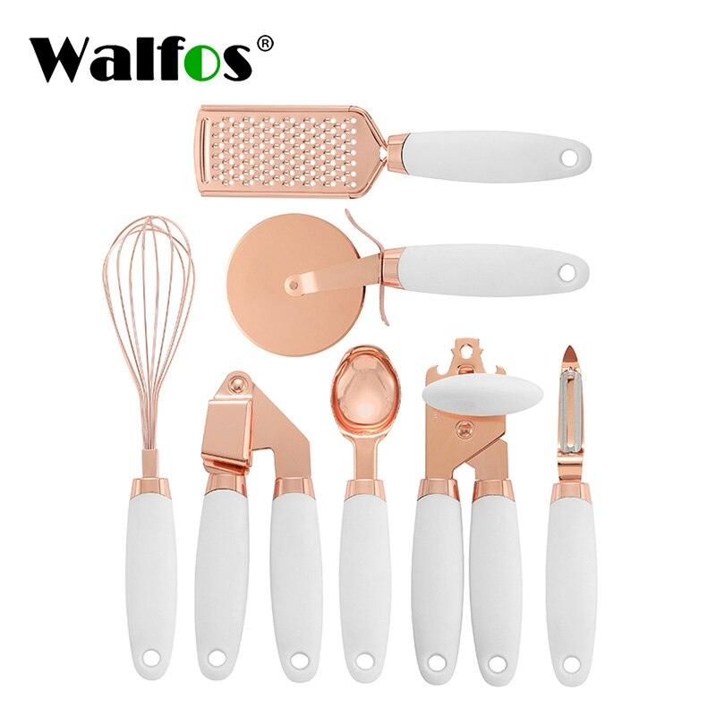 Walfos 7 Pcs Kitchen Gadget Set Copper Coated Stainless Steel Utensils with Soft Touch Rose Gold Garlic Press Pizza Cutter - Lily Depot