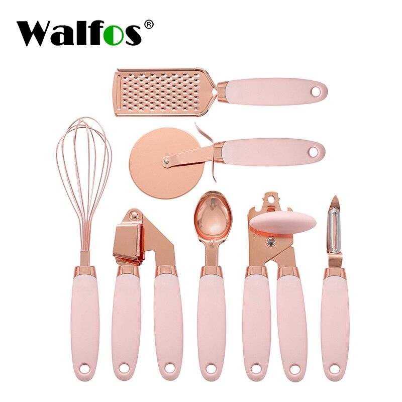 Walfos 7 Pcs Kitchen Gadget Set Copper Coated Stainless Steel Utensils with Soft Touch Rose Gold Garlic Press Pizza Cutter - Lily Depot