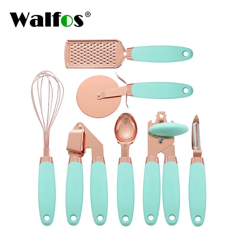 Walfos 7 Pcs Kitchen Gadget Set Copper Coated Stainless Steel Utensils with Soft Touch Rose Gold Garlic Press Pizza Cutter - Lily Depot