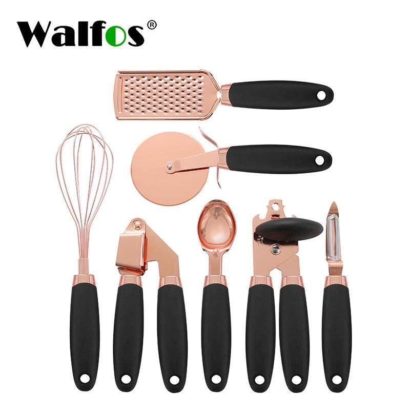 Walfos 7 Pcs Kitchen Gadget Set Copper Coated Stainless Steel Utensils with Soft Touch Rose Gold Garlic Press Pizza Cutter - Lily Depot