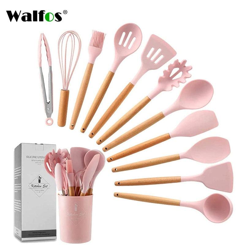 WALFOS Kitchen Tools Natural Beech Wood Handle Silicone Kitchen Utensil Set Silicone Cooking Tools Set Utensils Set - Lily Depot
