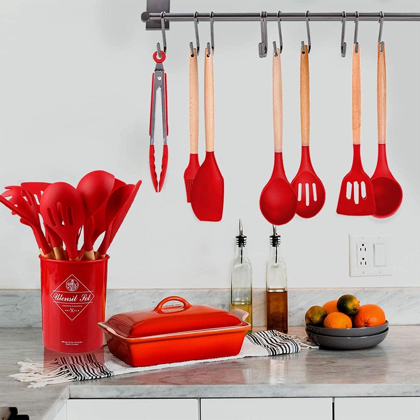 WALFOS Kitchen Tools Natural Beech Wood Handle Silicone Kitchen Utensil Set Silicone Cooking Tools Set Utensils Set - Lily Depot