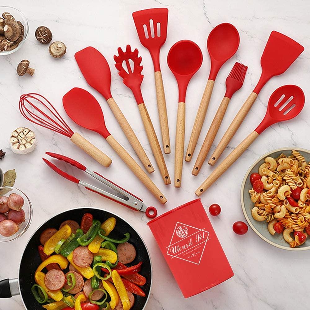 WALFOS Kitchen Tools Natural Beech Wood Handle Silicone Kitchen Utensil Set Silicone Cooking Tools Set Utensils Set - Lily Depot